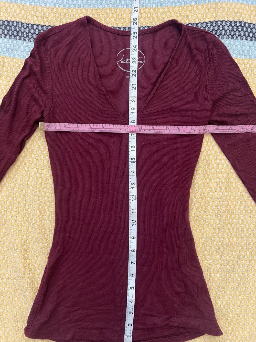 INC Burgundy Ribbed V-Neck 3/4 Sleeve Fitted Top Size Medium